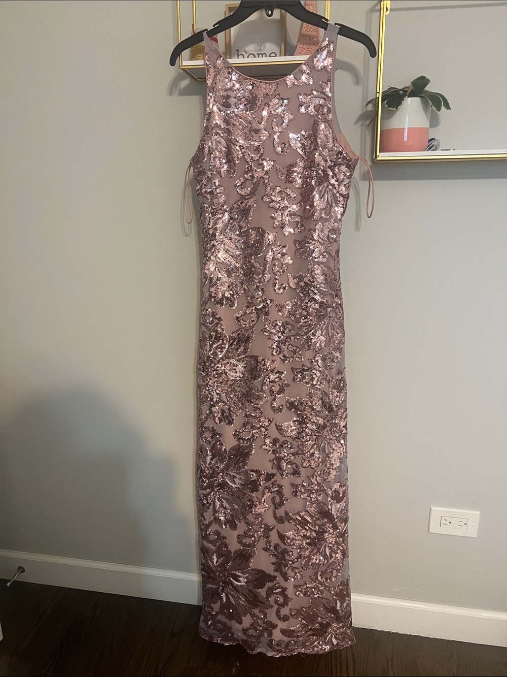 Badgley Mischka Rose Gold Sequin Floral Maxi Dress